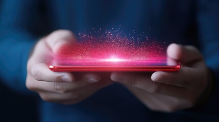 A person holding a smartphone with glowing particles, symbolizing technology, connection, and digital innovation.