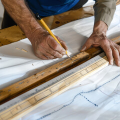 Carpenter measures wood with a tape measure
