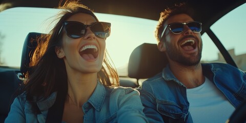 excited playful european couple in sunglasses driving luxury car, enjoying music, singing and smilin