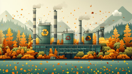 Biomass Energy Production Plant in Autumn Forest
