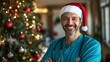 © Prostock-studio - A man, likely a doctor, is wearing a blue scrubs uniform and a Santa hat. He is standing with his arms crossed, smiling broadly at the camera.