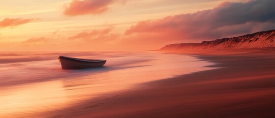 A boat is sitting on the beach at sunset