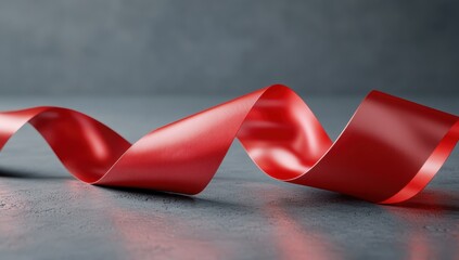 Red abstract ribbon with a wave shape on a grey background, 3D rendering illustration Generative AI