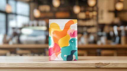 Aufkleber - A brightly designed package rests on a wooden table in a contemporary cafe. The colorful shapes create a lively atmosphere while patrons enjoy beverages in the background.