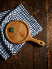 Wall Mural - Empty cutting board with a kitchen cloth, on a wooden background.