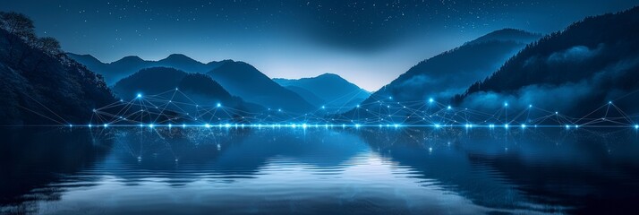 A digital network of glowing lights connects across a tranquil mountain lake, reflecting a starlit sky and enveloping the calm, serene night environment beautifully.