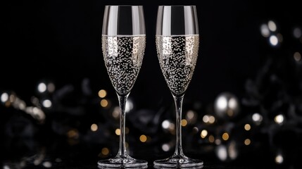 Champagne glasses with silver decor on black background.