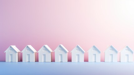 A line of minimalistic white house models sits against a pastel backdrop, symbolizing simplicity in architecture and serene modernity.