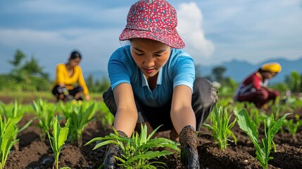 A young girl plants seedlings in a lush green field under a bright sky, showcasing dedication to farming and agriculture.