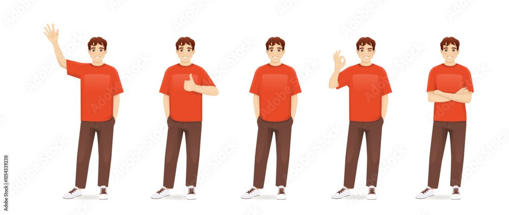 Young teenage man in casual clothes standing in different poses ...