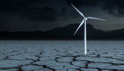 A fragile wind turbine stands tall on cracked ground, symbolizing the intersection of environmental challenges and sustainable energy solutions.