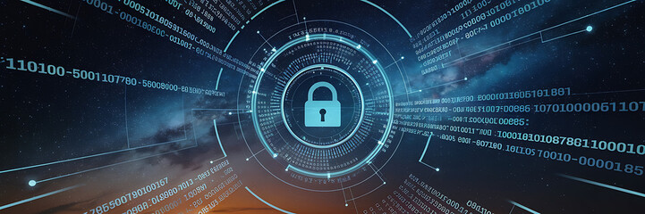 Cybersecurity abstract background with blue padlock and binary code   Digital security and data protection concept   