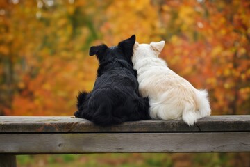 Two dogs, one black and one white, sit on a bench, surrounded by vibrant autumn leaves, capturing companionship.