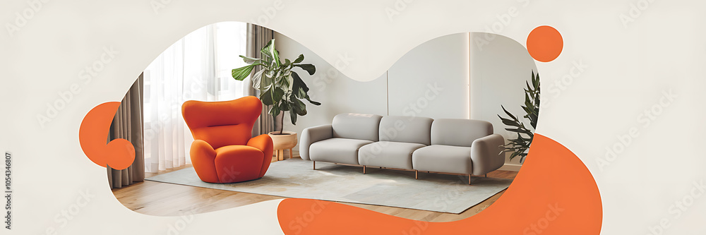 Orange armchair and grey sofa in a modern living room minimalist design ...