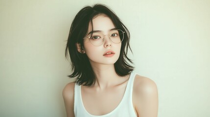 Youthful woman with glasses against a light background in natural light