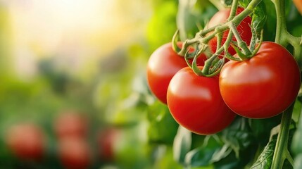 Fresh, ripe tomatoes growing in a lush garden, showcasing vibrant colors and healthy foliage under warm sunlight.