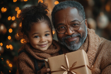 African American grandfather and child opening Christmas gift together