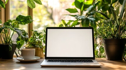 Aufkleber - A workspace features a laptop with a blank screen, placed on a wooden table.