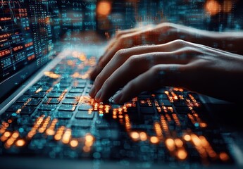 Hands Typing on a Laptop with a Digital Glitch Overlay