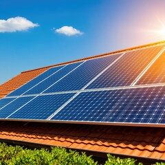 Vibrant solar panel installation on a rooftop capturing sunlight under a clear blue sky, symbolizing renewable energy.