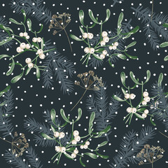 Wall Mural - christmas seamless pattern, mistletoe twigs with white berries, snow, black night background. vector