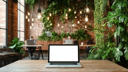 Poster - The workspace features a sleek laptop on a wooden table with lush plants surrounding the area. Two individuals work in the background, enjoying a vibrant atmosphere enhanced by hanging lights.