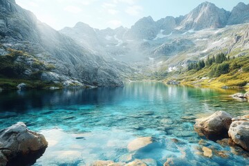 Serene mountain landscape with a clear blue lake, Nature, Tranquility