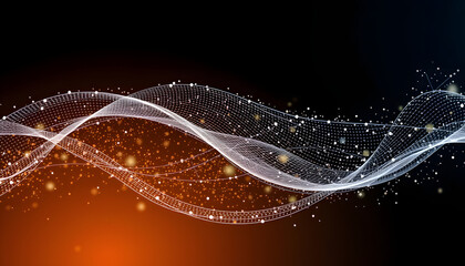 Wall Mural - abstract digital wave technology with flowing particles. connection lots and line on dark background