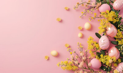 Wall Mural - Happy Easter frame with pink eggs and yellow mimosa blossoms on pastel pink background with copy space. Spring horizontal banner template, greeting card. Top view, flat lay 