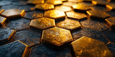 Close-up of a Metallic Honeycomb Pattern with Golden Highlights