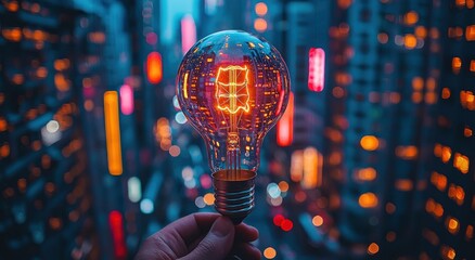 Aufkleber - Glowing Lightbulb Held Against a Cityscape of Blurry Lights