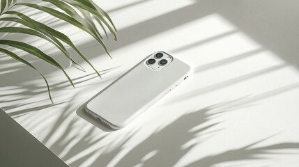 Leinwandbilder - A sleek white smartphone rests on a bright surface, partially covered by soft shadows cast by a plant. The soft natural light enhances the minimalist aesthetic of the setup.