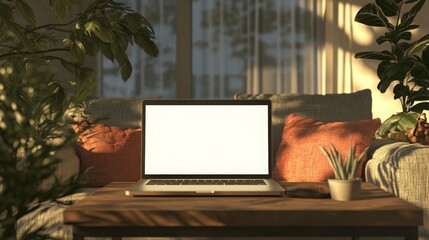 Aufkleber - A cozy workspace is set up with a laptop on a wooden table, surrounded by houseplants and decorative cushions. Soft afternoon light filters through the window, creating a warm atmosphere.