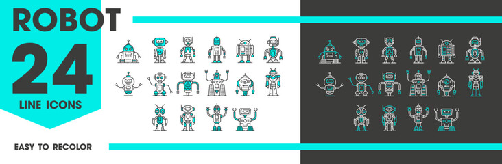 Aufkleber - Mechanical robot and droids line icons, cyborg and robotic android bots, cartoon vector. Retro robot characters with mechanical arms and face display, cyber machines or space alien droids on wheels
