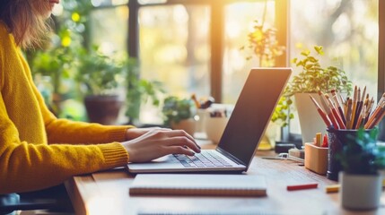 Aufkleber - A person works intently at a laptop on a wooden desk surrounded by lush plants in a sunlit room. The warm glow from the setting sun creates a relaxing atmosphere ideal for productivity.