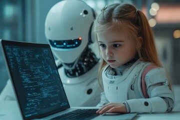 Child and Robot Collaborating on Code in a Futuristic Environment