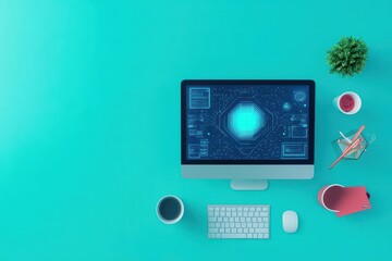 Poster - Futuristic AI assistant display on monitor flat design top view modern workspace theme animation Complementary Color Scheme