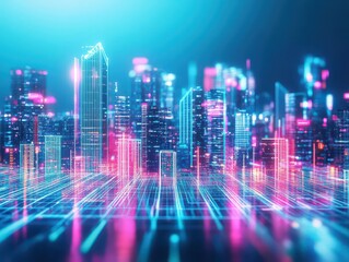 Fototapete - Futuristic cityscape with holographic light trails overlay, transitioning from neon pinks to electric blues, Cyberpunk, 3D, Glowing, SciFi Theme