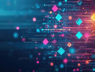 Aufkleber - Glowing geometric patterns with holographic light transitions, floating over a dark metallic background, SciFi, 3D, Futuristic Overlay, Neon Lights