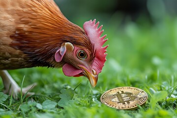 Curious chicken pecking at a shiny bitcoin coin in a grassy field under bright sunlight in the countryside