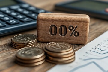 Aufkleber - Wooden Block with 00% Sign, Coins, Calculator, and Graph Paper