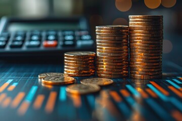 Aufkleber - Stacks of Golden Coins on a Chart with a Calculator in the Background