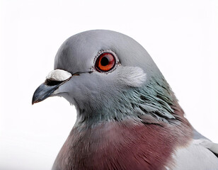 A close-up portrait of a pigeon with a vibrant purple sheen on its chest, set against a clean white background