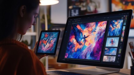 Poster - A woman is sitting at a desk, holding a tablet in her right hand. The tablet screen displays a colorful digital painting.