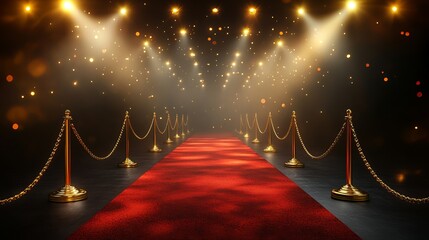 Realistic 3D red carpet with golden barriers, ideal for VIP events, grand openings, or celebrity gatherings. Transparent background