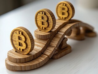 Aufkleber - Wooden Bitcoin Coins on a Bridge Structure