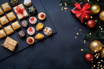 Minimalist New Year snack platter, black and gold theme, high contrast, elegant and sleek photography style