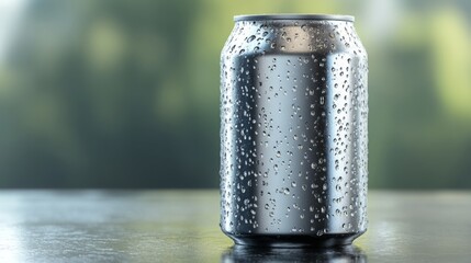 Poster - A metallic can sits on a shiny surface, glistening with water droplets that highlight its coolness. The background suggests a bright afternoon, enhancing the refreshing feel of the scene.