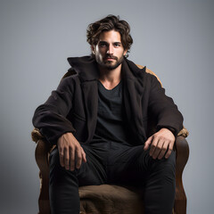 Studio photograph of male model sitting on a wooden armchair with upholstery