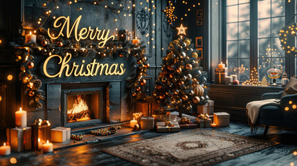 Home fireplace, decorated Christmas tree with presents under it, holiday lights, 